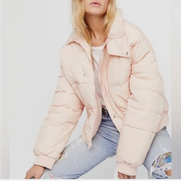 Free People Cold Rush Puffer Jacket Coat Cinched Waist Pale Pink - Picture 5 of 8